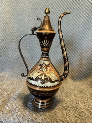 Vintage Turkish Ottoman Copper Pitcher Very Decorative Colorful Etching