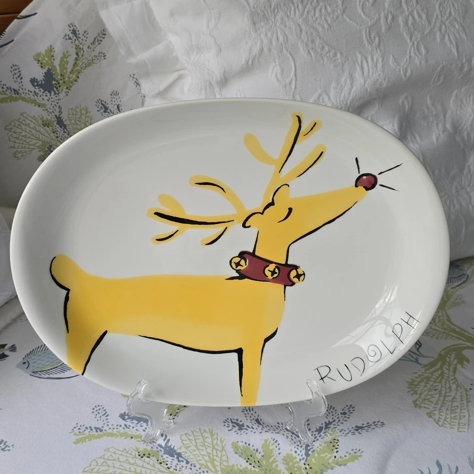 Plato para servir Pottery Barn Reindeer raro Rudolph 14" ovalado Foto 3 de 4