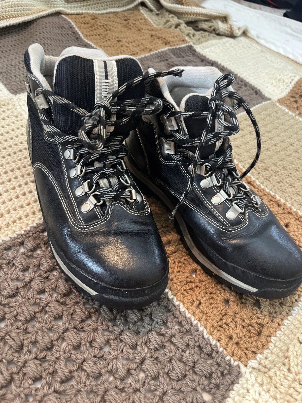 Timberland Boots Women Sz 8 Med Rare Black Euro Hiker Leather Shoes Outdoor