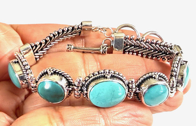 925 Sterling Silver Turquoise Link Bracelet Southwestern Style Boho Statement