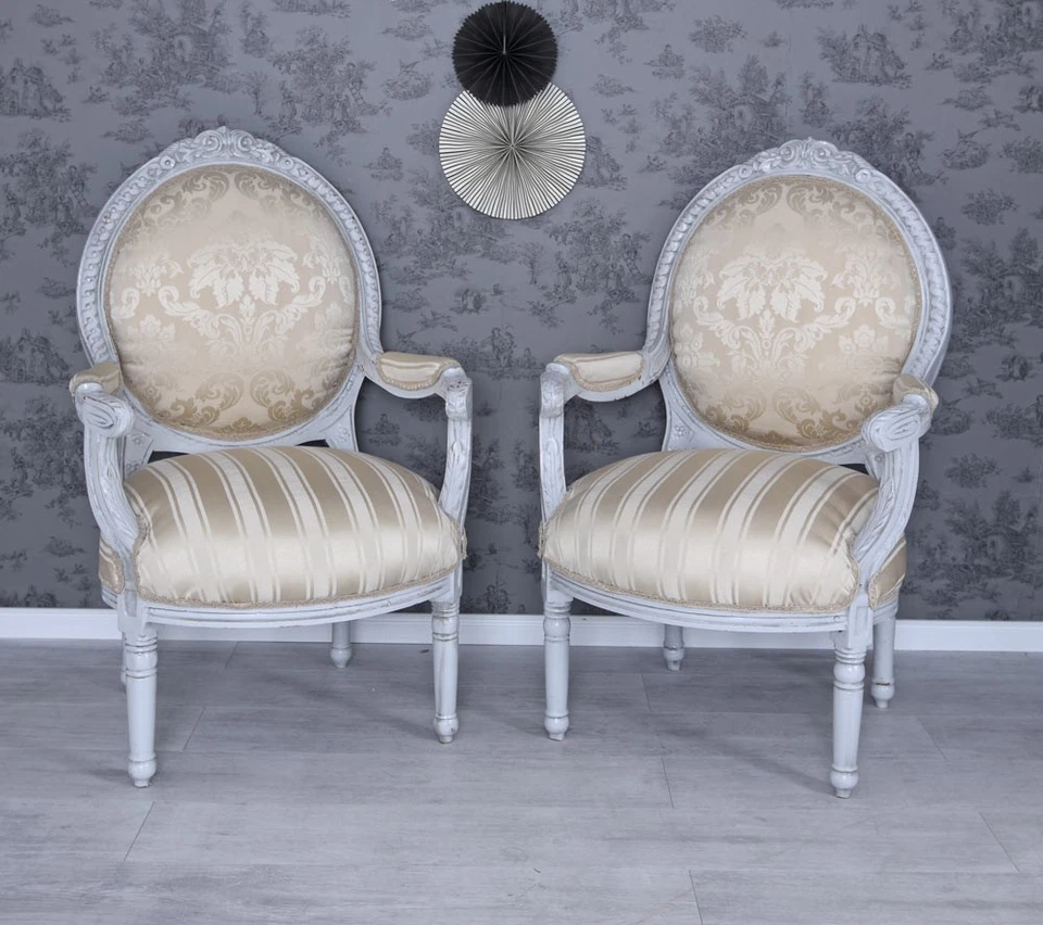 2er Set Sessel Creme Barock Shabby Chic Armlehnstuhl Pärchen Thron Rococo Louis - Bild 4 von 4