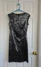 Lauren Womens Shift Dress 12 Black Sequin Sparkly Short Slv NYE Wedding Evening