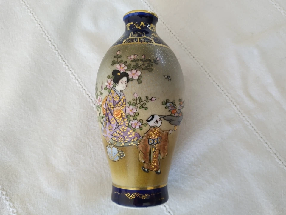 ANCIEN VASE CÉRAMIQUE JAPONAISE SATSUMA MEIJI BLEU COBALT signé - Photo 3/4