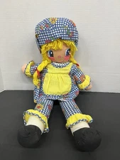 Vintage 1970s Cloth Rag Doll Yarn Hair Gingham  Floral Outfit 