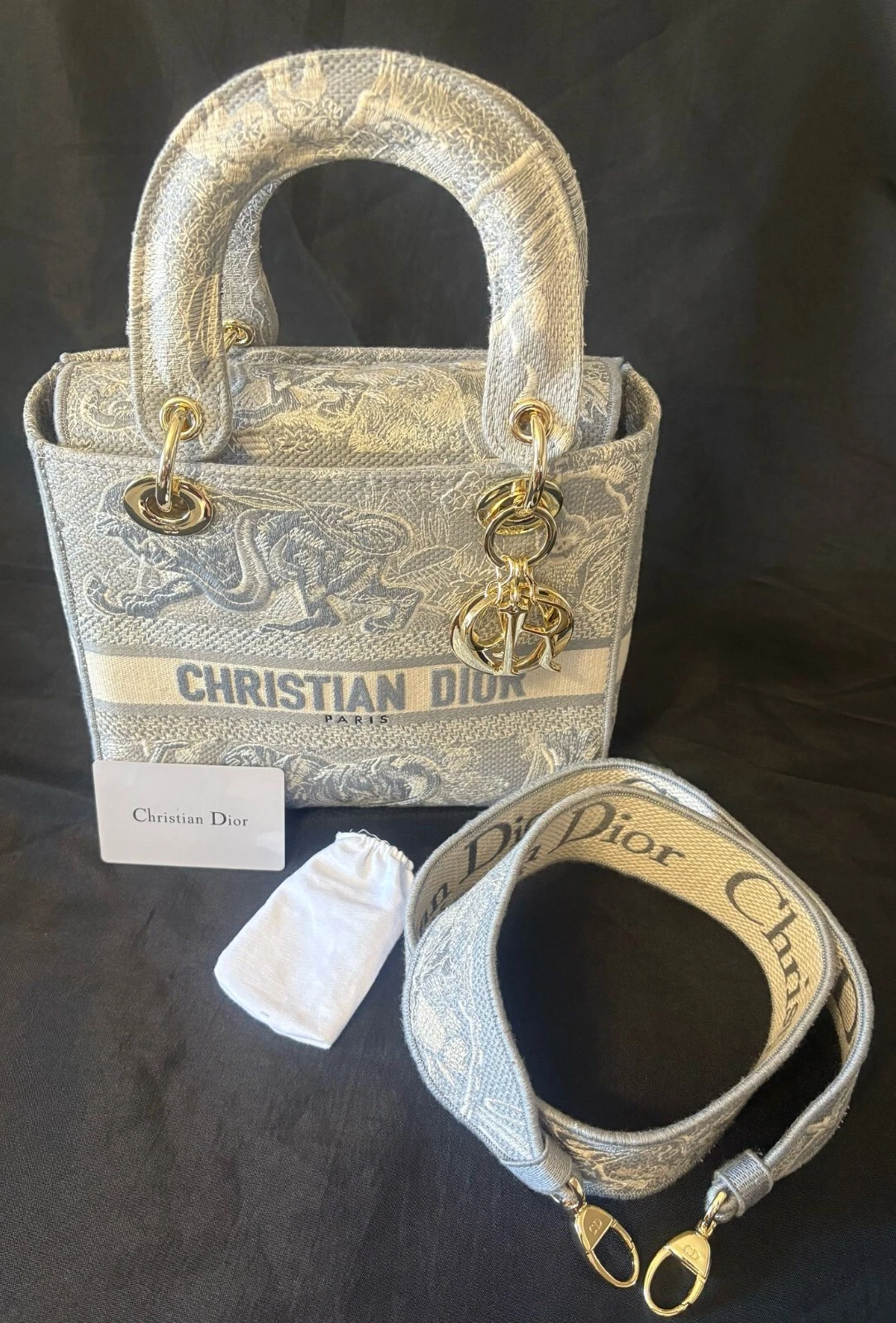 Sac moyen Christian Dior Lady Dior D lite tissu gris broderie