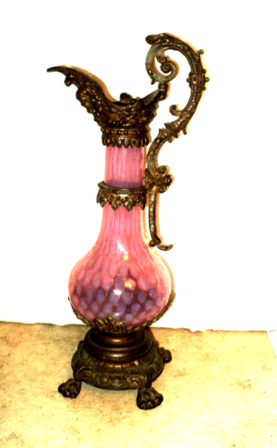 Antique WEBB GLASS Pitcher Urn Cranberry Patchwork Design Metal Base & Handle - Picture 1 of 8