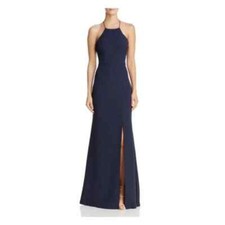 Bariano Navy Blue High-Neck Cross-Back Gown