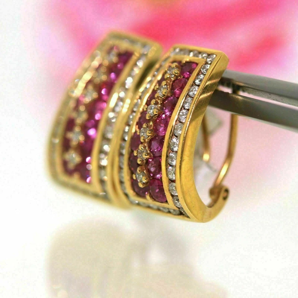 Natural Ruby 2Ct Round Cut Huggie Hoop Earrings 14K Yellow  Gold Plated Silver - Image 4 of 4