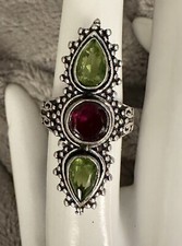 Dramatic Natural Garnet Peridot 925 Sterling Silver Ring Sz 6