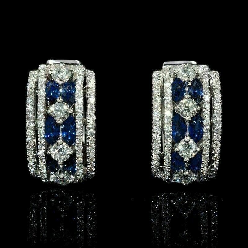 2 Ct Marquise Cut Simulated Blue Sapphire Hoop Earrings 14K White Gold Plated
