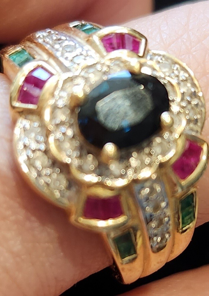 14K Solid Gold Oval Sapphire  Diamond Ruby Emeral… - image 3