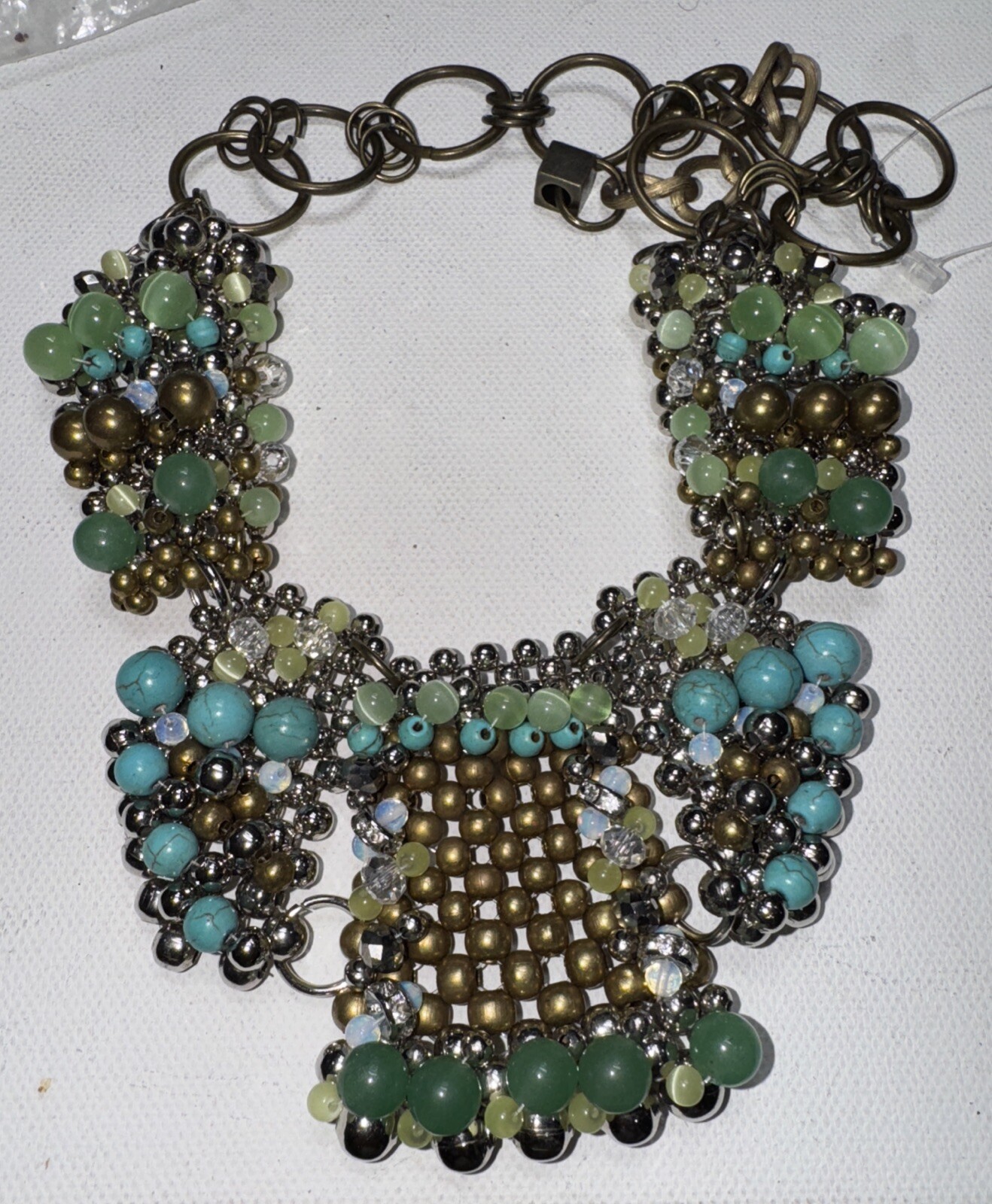 Anthropologie Pam Hiran Bibb Statement Necklace Gold Green Blue Silver