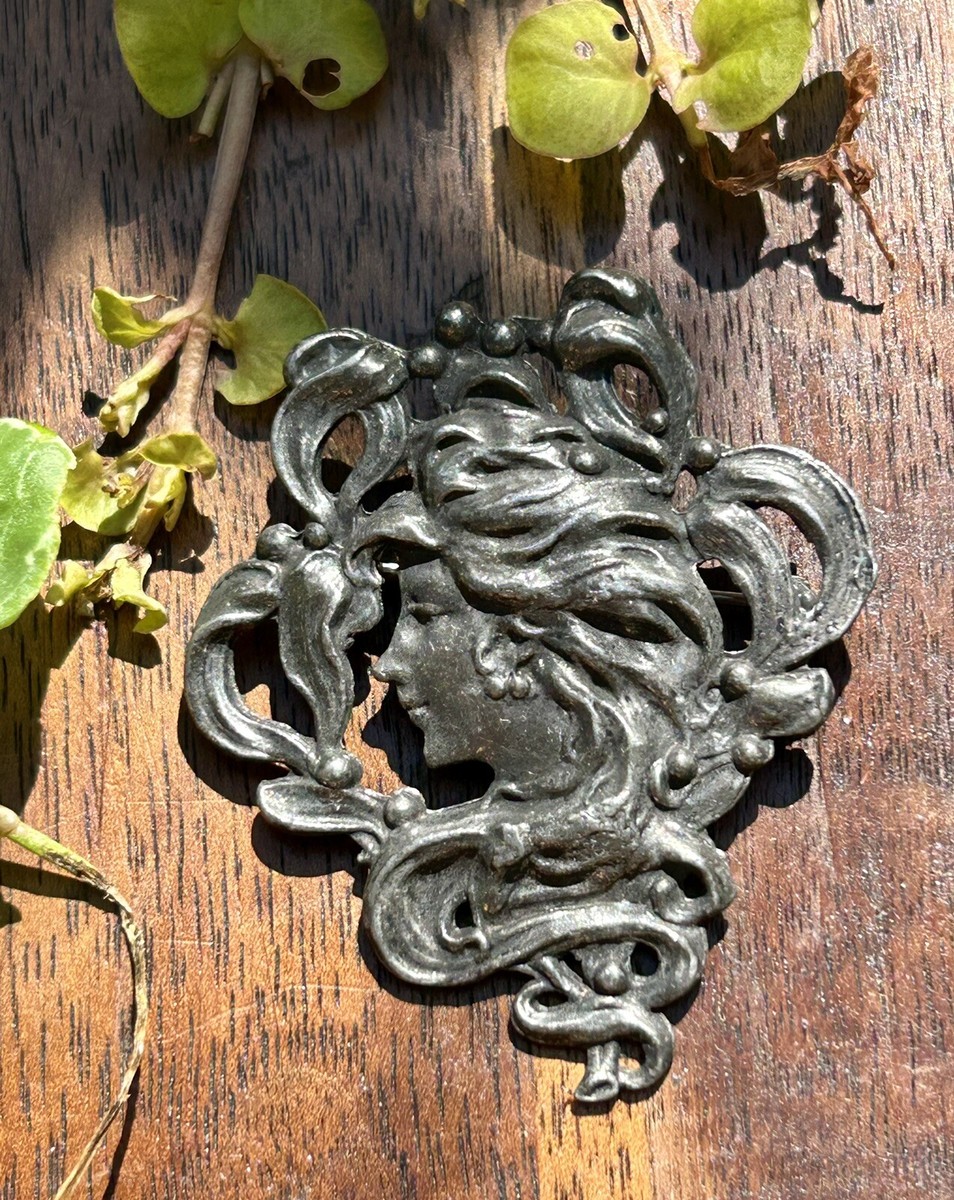 Vintage Art Nouveau Brooch Woman’s Face In Profile Retro Fashion Jewelry
