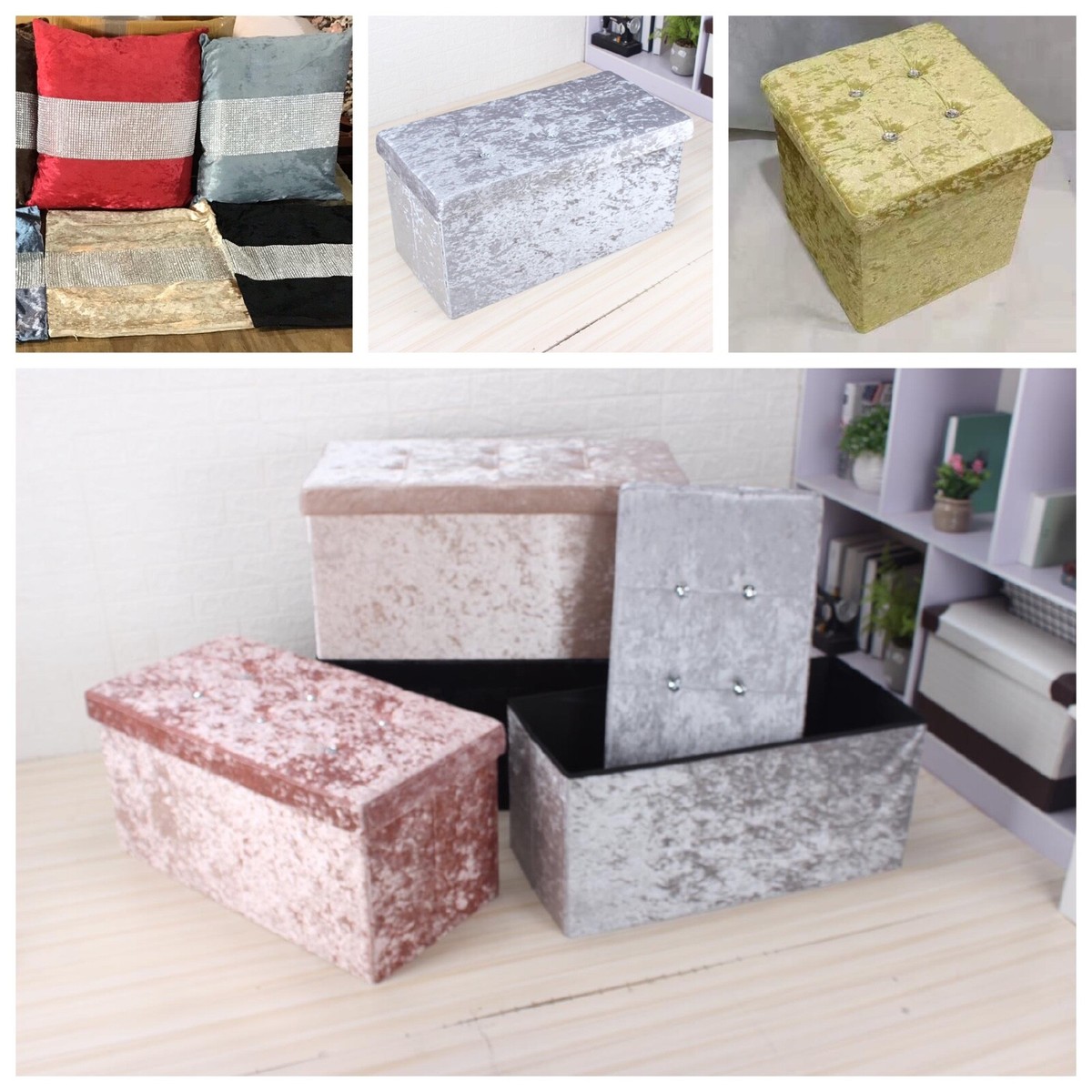 Storage Box Crushed Velvet Diamante Ottoman Folding Foot Stool Seat or Benches eBay