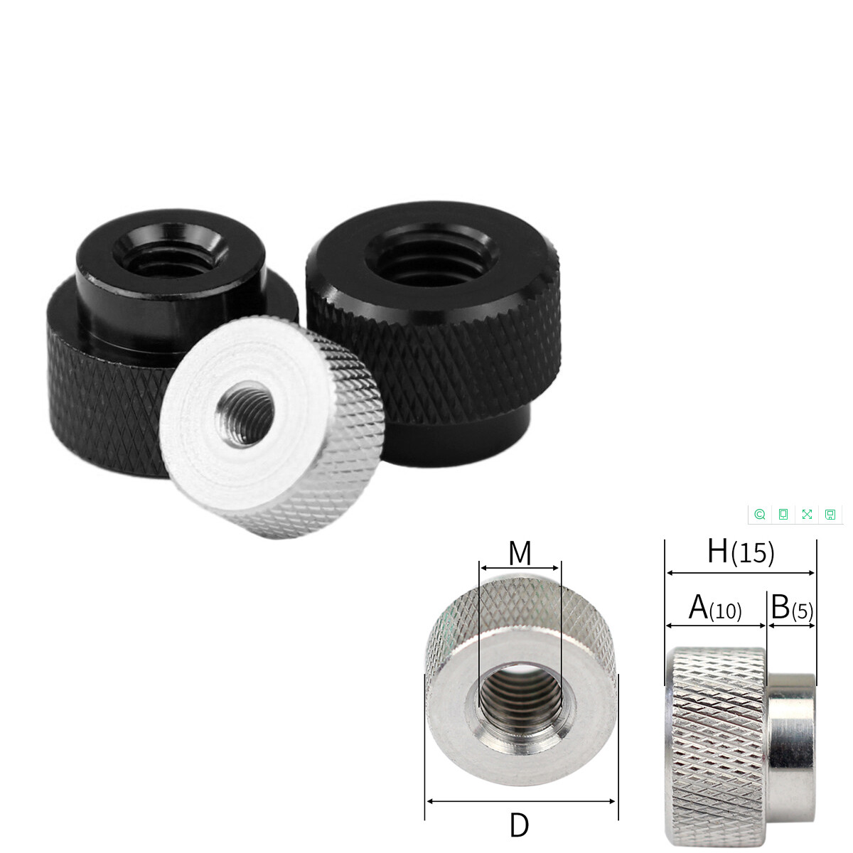 5P M6*D20*H15 Knurled Thumb Nuts Through Hole Hand Grip Knobs Alu