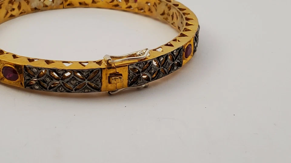VINTAGE - Polki Bracelet Gold Vermeil/925 Sterling Silver with Diamonds & Rubies - Image 2 of 4