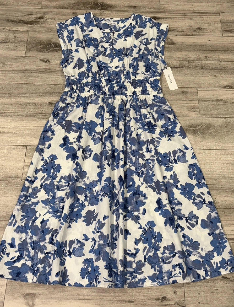 calvin klein cotton maxi dress Calvin Klein Cotton Maxi Midi Dress Ruffle Hem Front Navy Blue Indigo SZ 6  $134