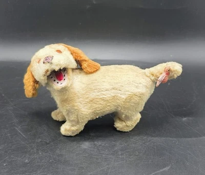 Vintage Wind Up Dog Toy 1940-50s Plush Yellow Open Mouth Bug On Tail Not Working - Image 1 of 4