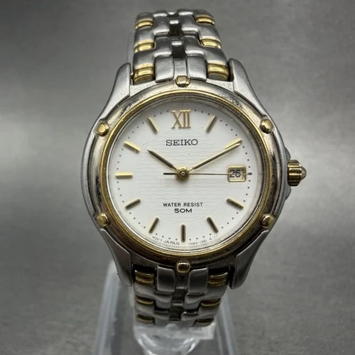 Seiko Watch Women 26mm White Dial Two Tone Date Round 7n82-0599 New Battery JKGL