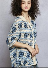 POL Retro Boho Cuello Top Camisa Abotonada Manga Corta Abuela Cuadrado Crocheet
