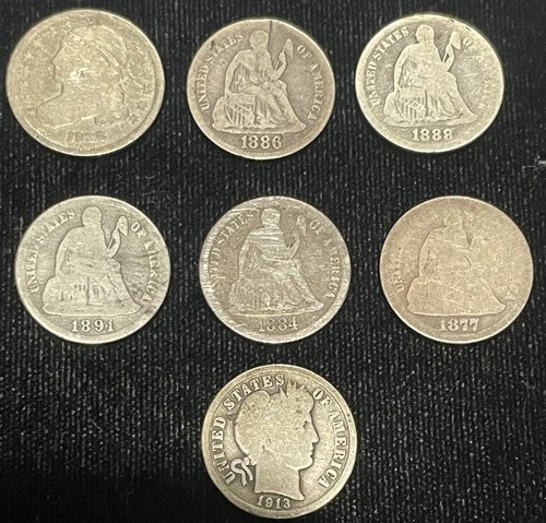 Lot Of 7 Dimes Capped Bust 1836, Seated Liberty 1877-1891, Barber 1913 90% Silve