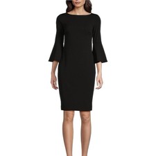 Calvin Klein Black Bell Sleeve Sheath Dress Size 8 Career Cocktail Boat Neck