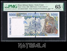 WEST AFRICAN STATES Ivory Coast 5000 5,000 FRANCS 2003 P-113Am PMG 65 GEM UNC