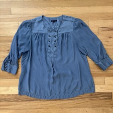 Anne Klein Blue Blouse Size 12 Flowy Button Placket Square Neck Career