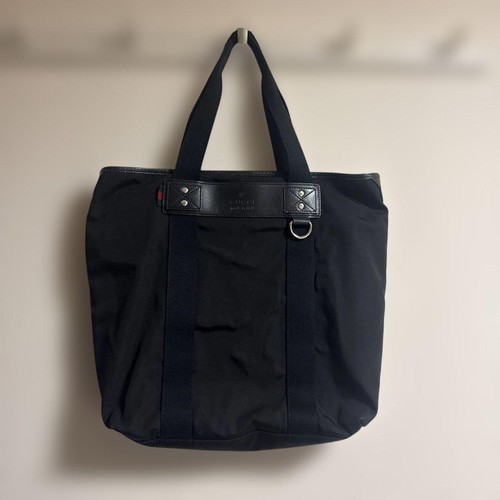 GUCCI Solid Sherry Line Tote Hand Bag Magnetic Leather Nylon Black From Japan