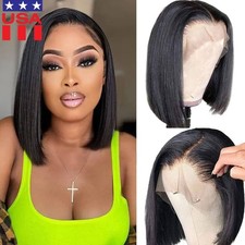 14" Women Short Bob Synthetic Lace Front Wig Baby Hair Silky Straight Black USA