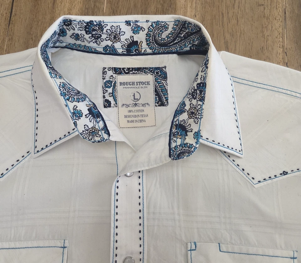 Rough Stock Panhandle Slim Western White Paisley Pearl Snap Shirt Men's L - Image 4 of 4