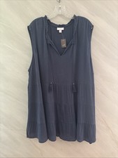 Top túnica sin mangas J. Jill 4X azul marino gasa con borlas boho playero costero
