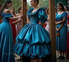 Tea-Length Teal Prom Dress Scoop Neckline Ruffle Ball Gown Satin Birthday Dress
