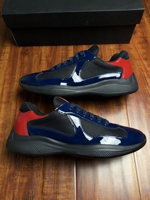 Prada American Cup Patent Navy Blue Red Black Mens Leather Sneaker - Size 8P 9US