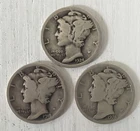 3 Mercury Dimes: 1918, 1924‑D, 1928‑S 90% Silver VG KM 140 circulated raw lot
