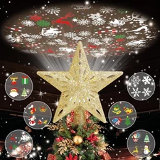 LED Rotating Tree Topper, light Projector With Six Slides. Gold Christmas star