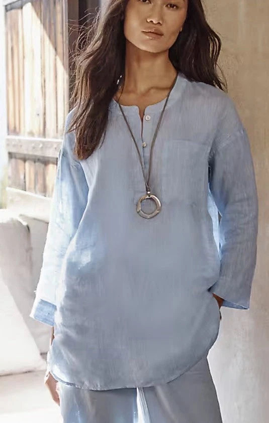 Pure Jill Women's 100% Linen Henley Top Size 2X Blue Lightweight Mature Henley - Image 2 of 4