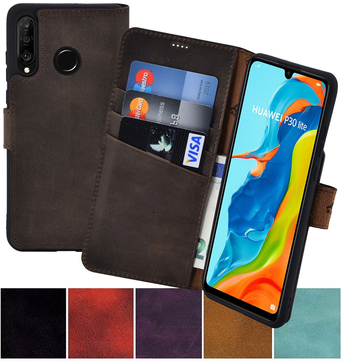 Huawei P30 Lite Hülle Book Style Lederhülle Tasche Wallet Case