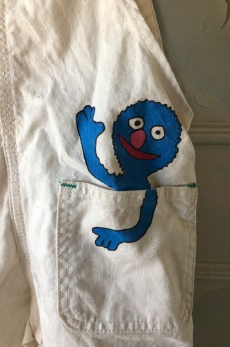 VTG 70s LIBERTY USA-MADE NATURAL ECRU COTTON BIB OVERALLS SESAME ST. PAINTED 3T - Picture 9 of 12