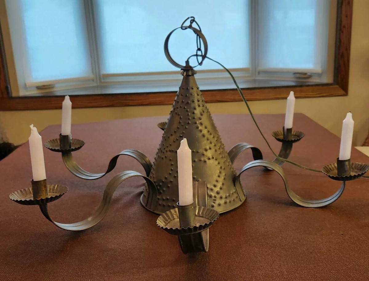VTG LARGE PUNCHED TIN WITCHES HAT 6 ARM CHANDELIER HANGING LIGHT
