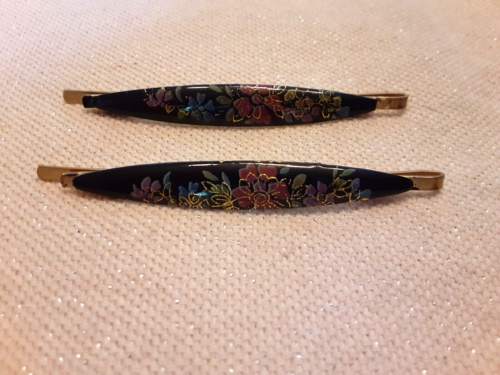 Vintage deux épingles cheveux cloisonnés bobby noir émail ton or design floral 2,5" - Photo 1 sur 1