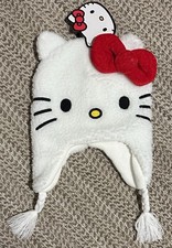 Hello Kitty Warm Winter Fleece Hat Beanie White Youth Cat Pigtails Braids OS NEW
