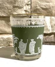 Vintage Juice Glass 1 Hellenic Wedgwood Green Gold Rim Jeanette Glass Co. 4 1/4"