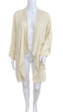 Peace & Pearls Womens Jacket 1x Beige Open Draped Drawstring Roll Tab Sleeve