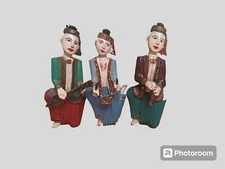 VTG Set Of 3 Folk Wood Burmese / Asian MusiciansWall hanging Art 