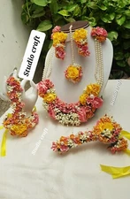 Women fashion flower  earrings tika bracelets necklace haldi mehandi babyshower
