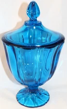 Vintage LE Smith 10"  Heavy Blue Glass Covered Pedestal Compote Candy Dish + Lid