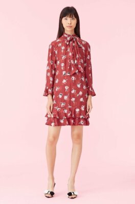 $395 Rebecca Taylor Ikat Paintbrush Ruffle Dress in Cabernet Combo 4 NWT R492