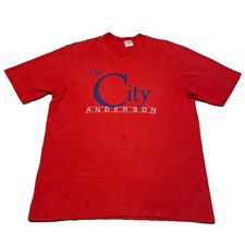 Vintage 90s Single Stitch T-Shirt Mens Large Red The City Anderson 80s USA Made