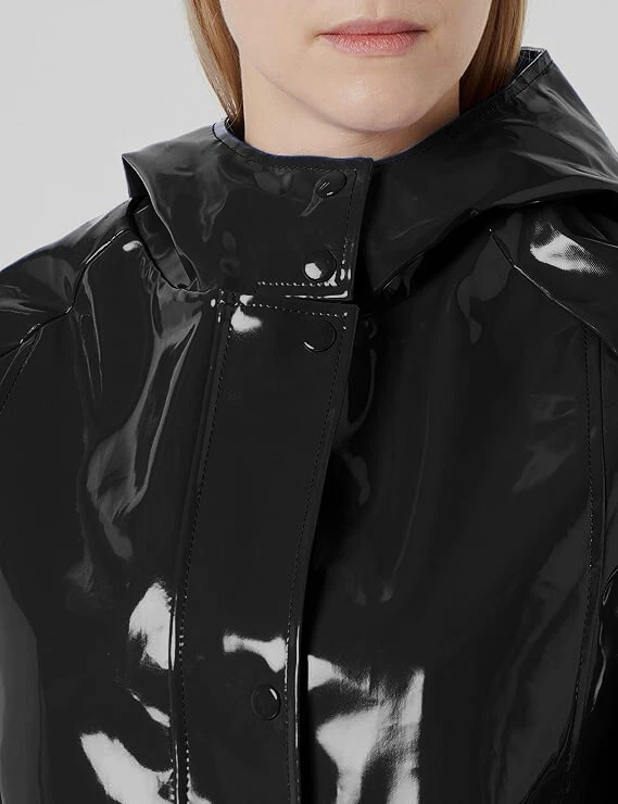 Trench coat feminino preto Parka com capuz impermeável PVC vinil zíper - Imagem 3 de 4
